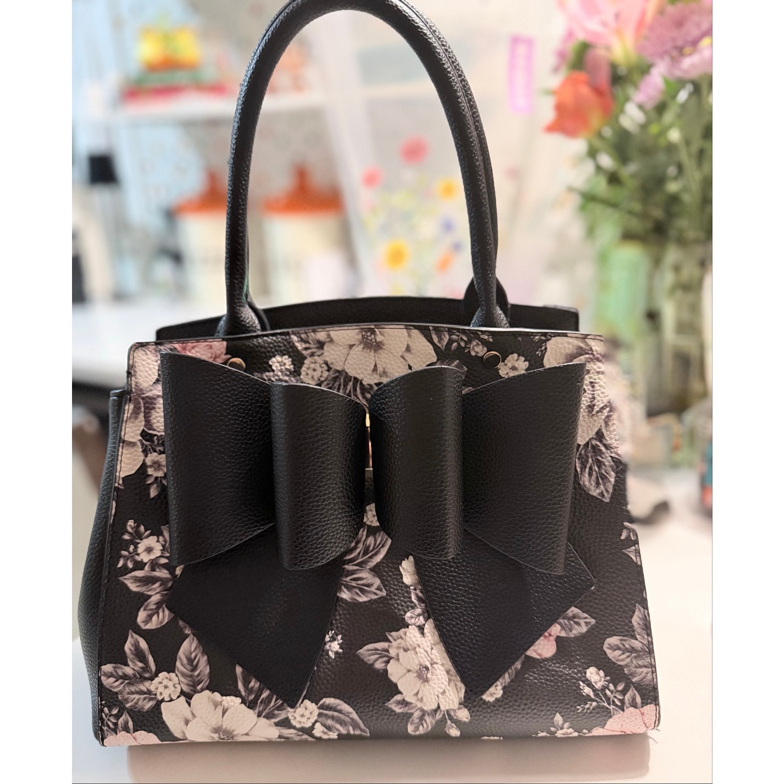 Crossi Floral Bow Satchel Crossbody Handbag Black Pink